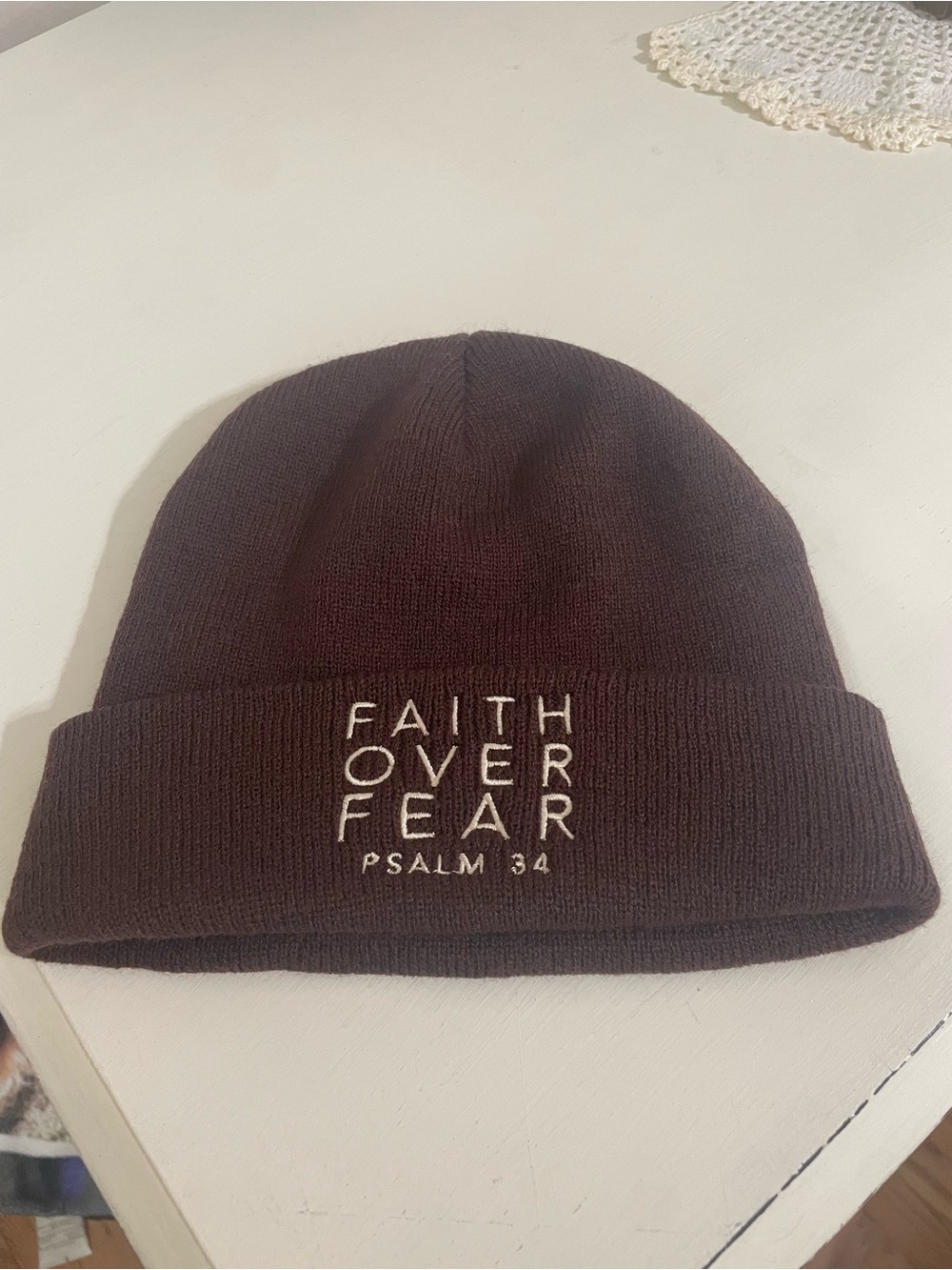 Faith Over Fear Knit Beanie - Brown
